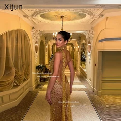 Xijun Glitter Golden Long Evening Dresses Sequined Beads Backless Mermaid Prom Dresses Dark V-Neck Formal Prom Gown Customized