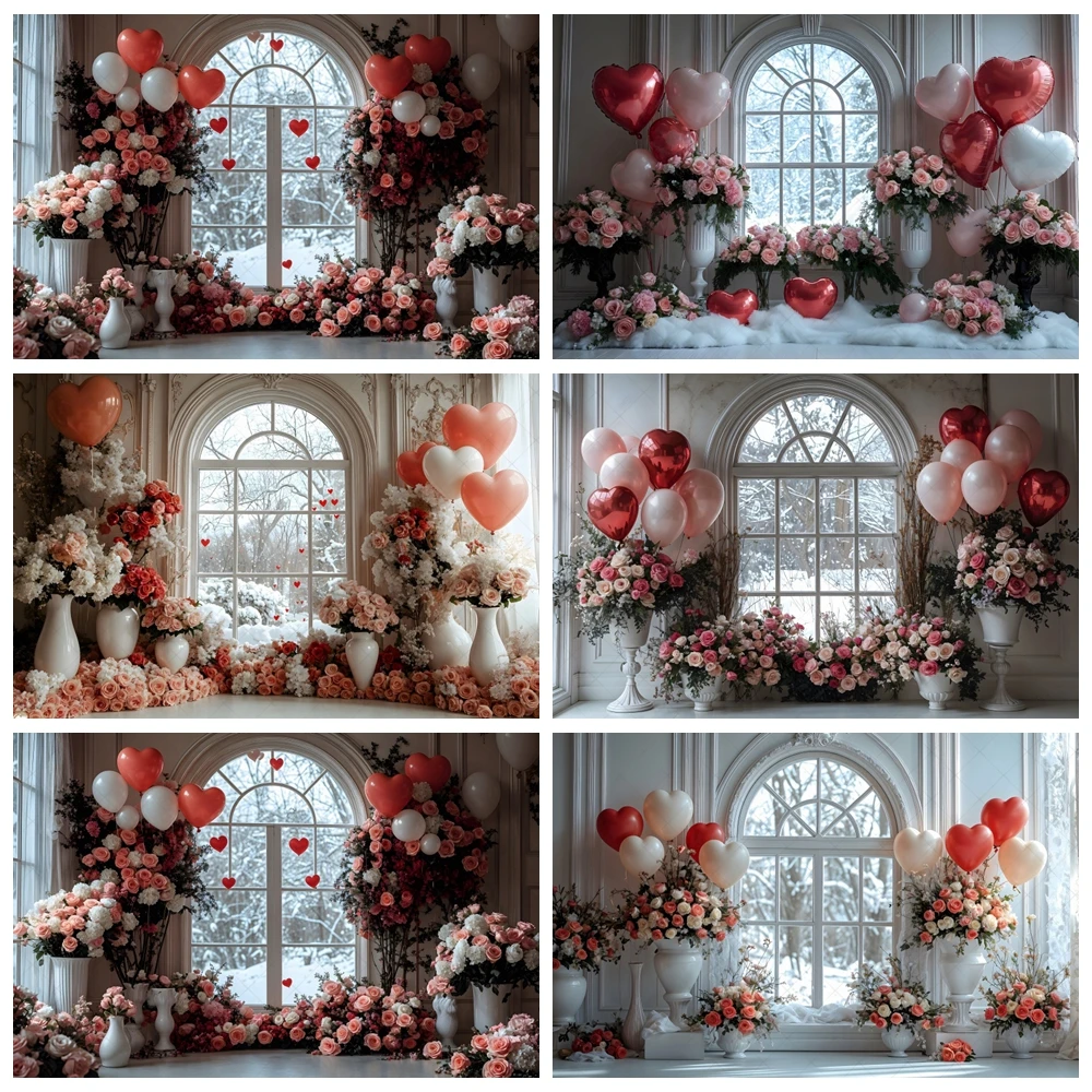 Valentine's Day Backdrop Pink Flower Window Love Heart Balloon Floral Wedding Party Couple Portrait Photography Background Decor