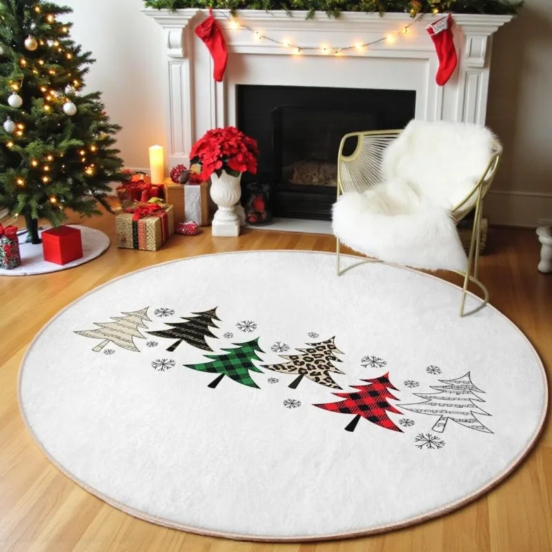 Print Round Christmas Rug – Festive Red & Green Candle Holiday Mat for Cozy Living Room Xmas Decor