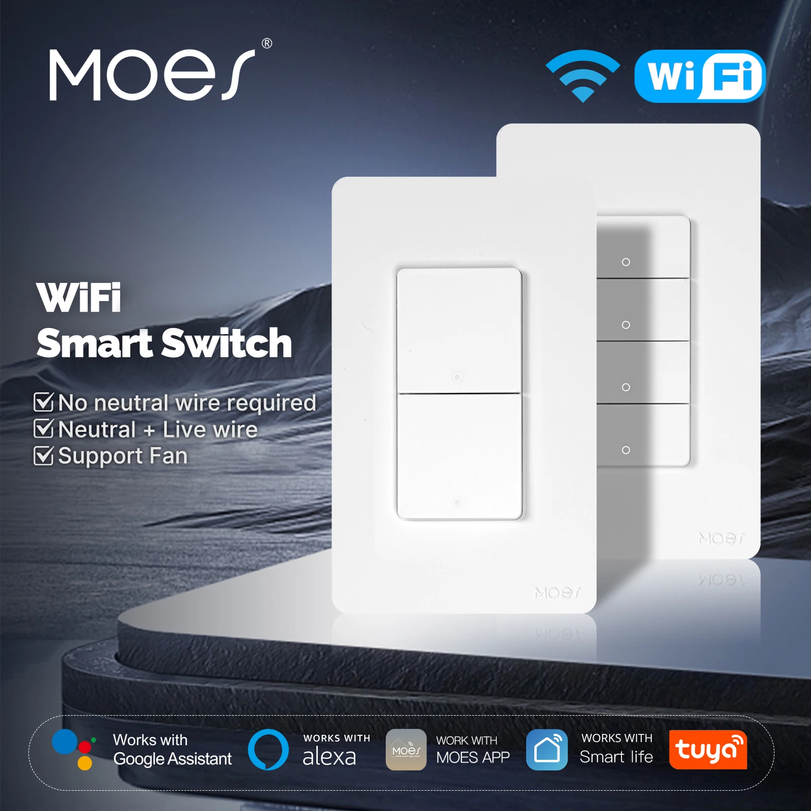 MOES Tuya Wi-Fi Smart Button Wall Switch (US Single-Live/Neutral Wire),Work with Alexa and Google Home,No Neutral Wire Required