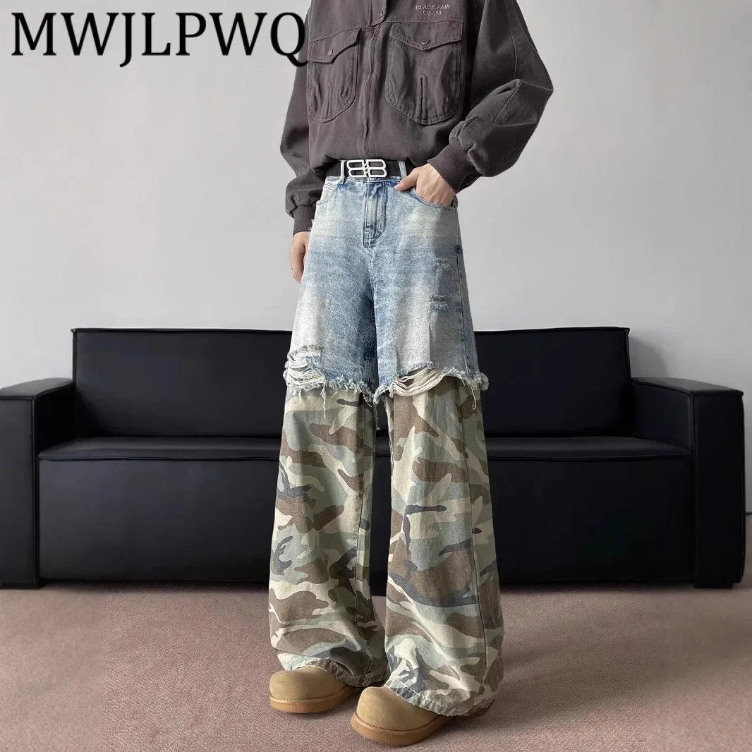 

MWJLPWQ поддельные двухсекционные камуфляжные джинсы, мужские широкие брюки унисекс в стиле хип-хоп, модные широкие брюки Vibe 11958