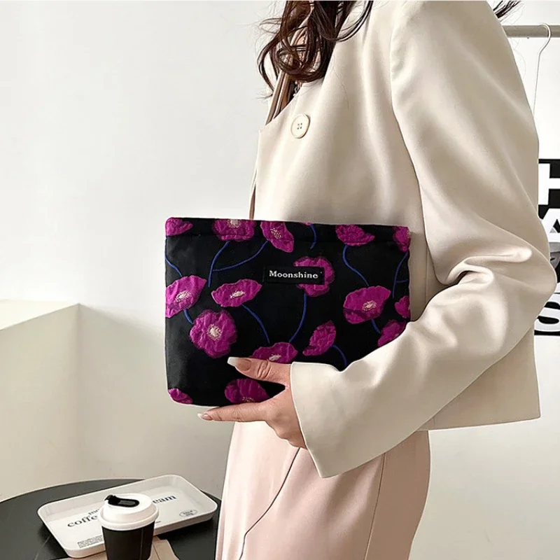 New Fashion Color-Match Floral Jacquard Cosmetic Bag Travel Makeup Pouch Skincare Toiletry Organizer Clutch Wash Bag Pencil Bag