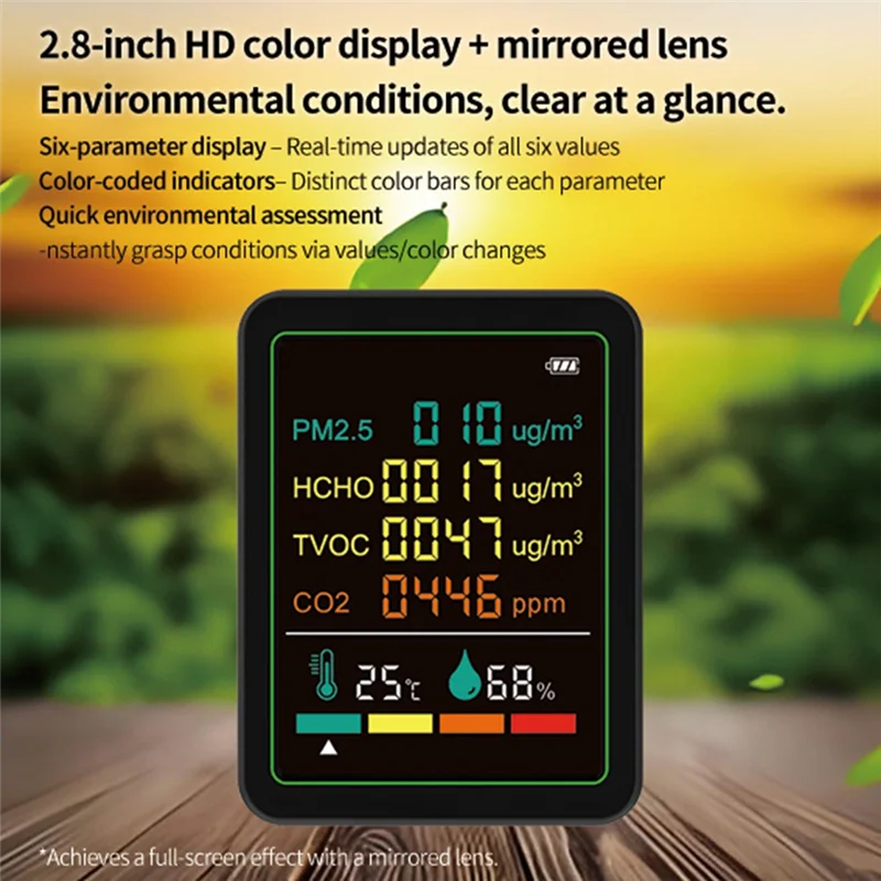 【Design elegante】 Rilevatore digitale di monitoraggio della qualità dell'aria 6In1 Formaldeide TVOC PM2.5 /CO2 Tester di umidità della temperatura