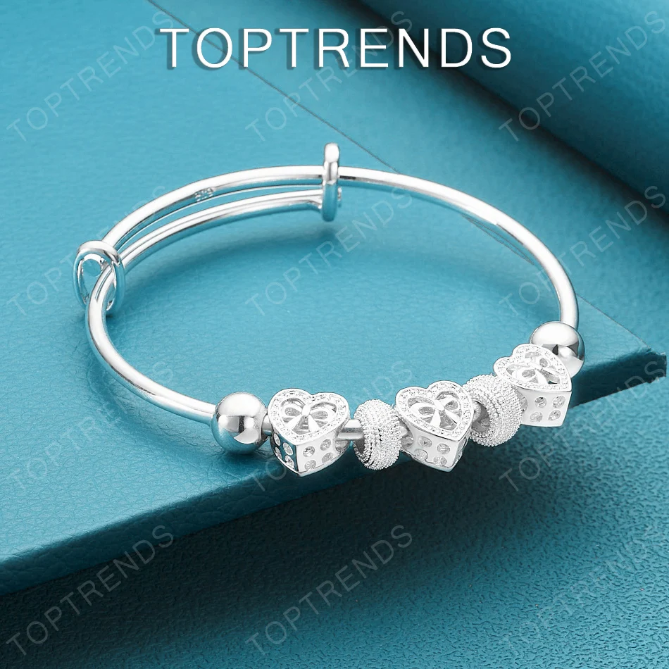 High-Quality 925 Sterling Silver Heart/Bead Push-Pull Bangle For Women Classic Jewelry Accessories Engagement Wedding Party