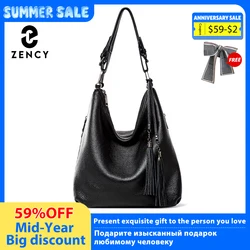 Zency Fashion Women Shoulder Bag 100% Genuine Leather Daily Casual Shopping Hobos Classic Black Tote Handbag Crossbody Bags