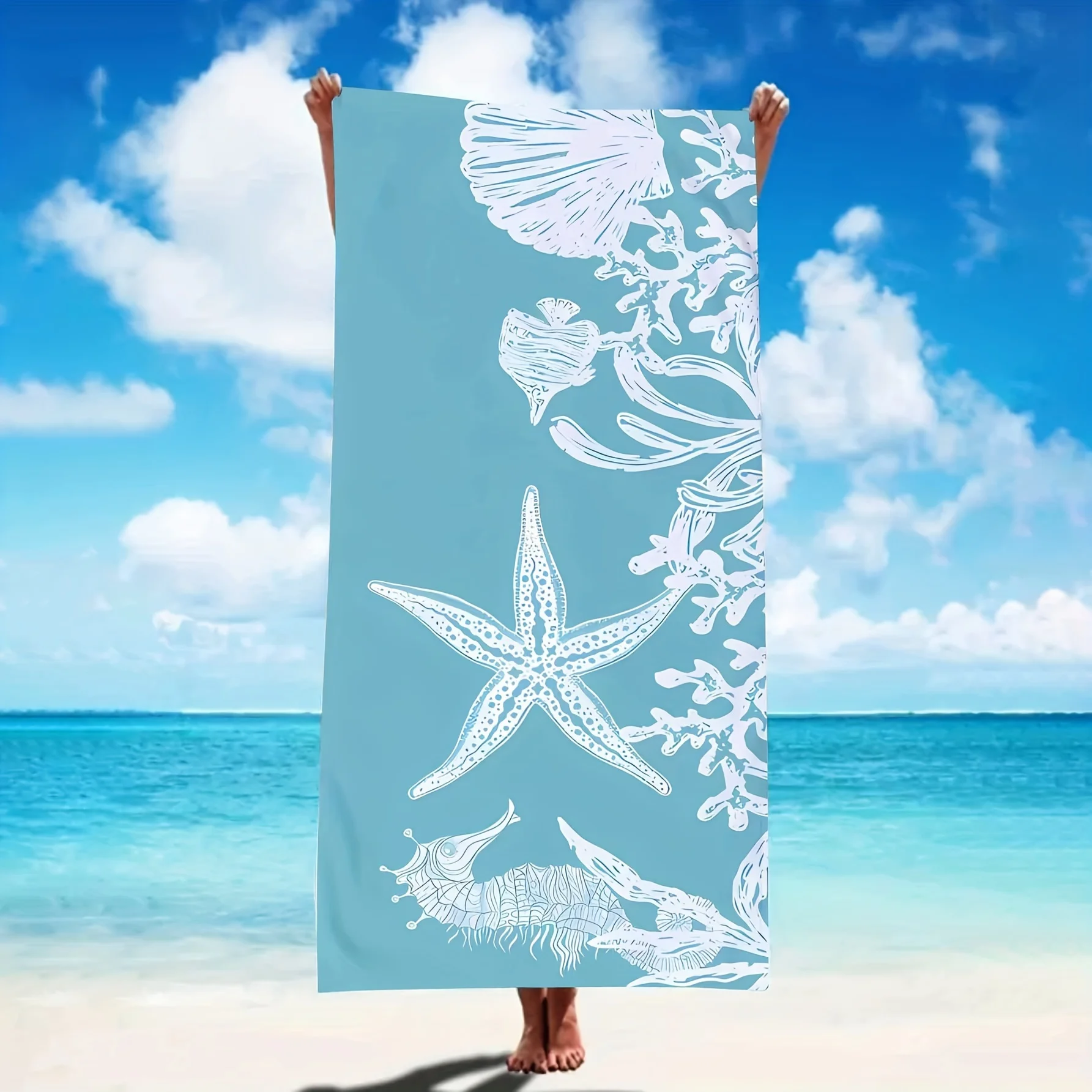 1pc Luxurious Ocean-Themed Beach Towel - Ultra-Soft, Super Absorbent, UV Protection - Ideal for Beach Getaways & Poolside Relaxa