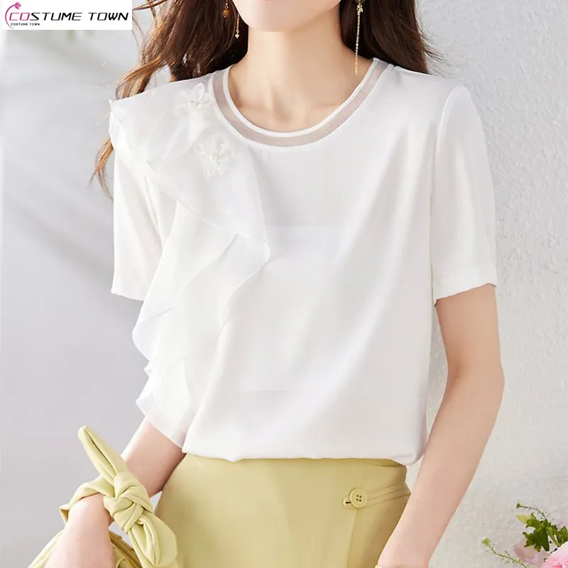 

2024 Spring/Summer Korean Edition New Satin Chiffon Shirt Short Sleeved High End Elegance Small Shirt Trend