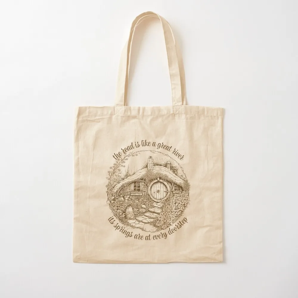 The Road is Like a Great River - Line Art - Round Doors - Halfling Hole - Fantasy Tote Bag