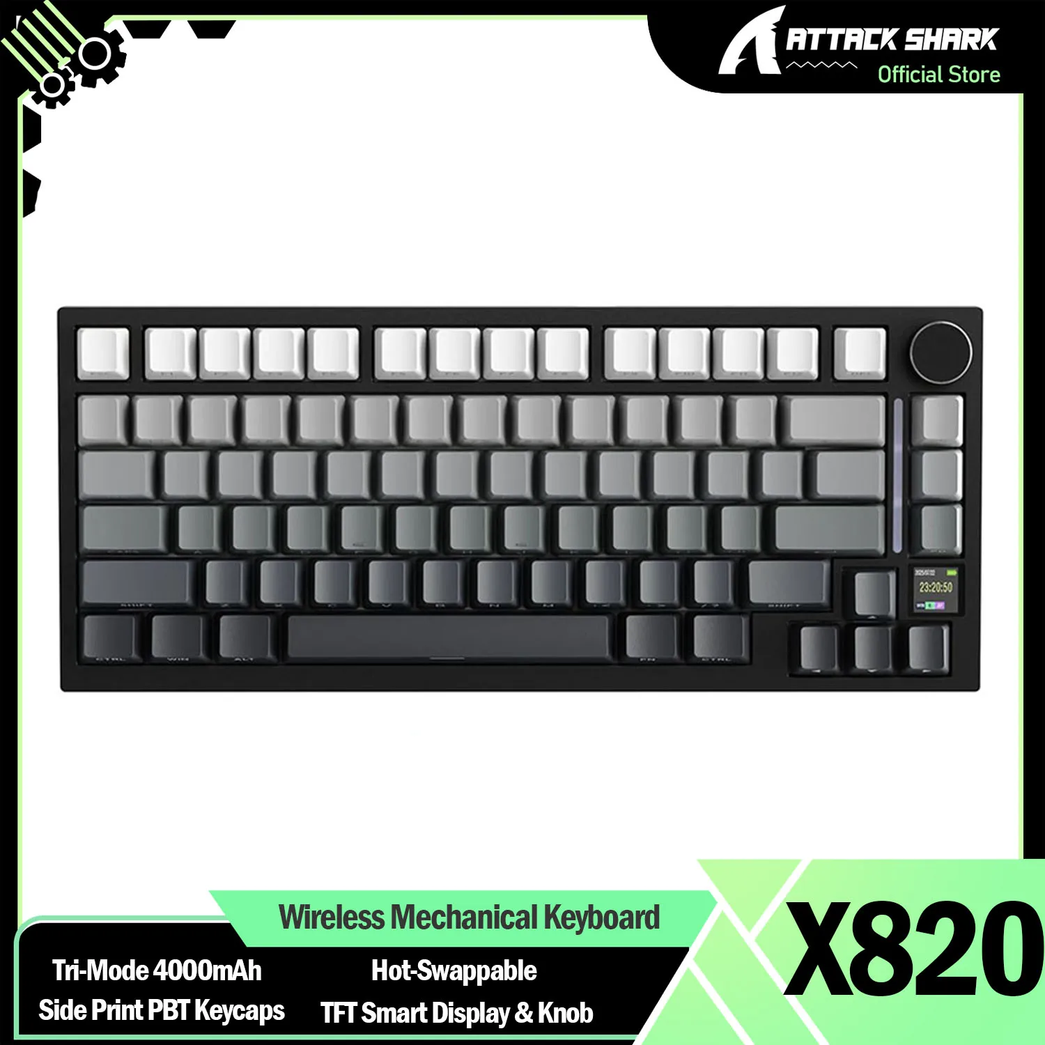 

ATTACK SHARK X820 75% Ultra Wireless Mechanical Keyboard with TFT Smart Display & Knob, Hot Swappable, RGB South Facing LED
