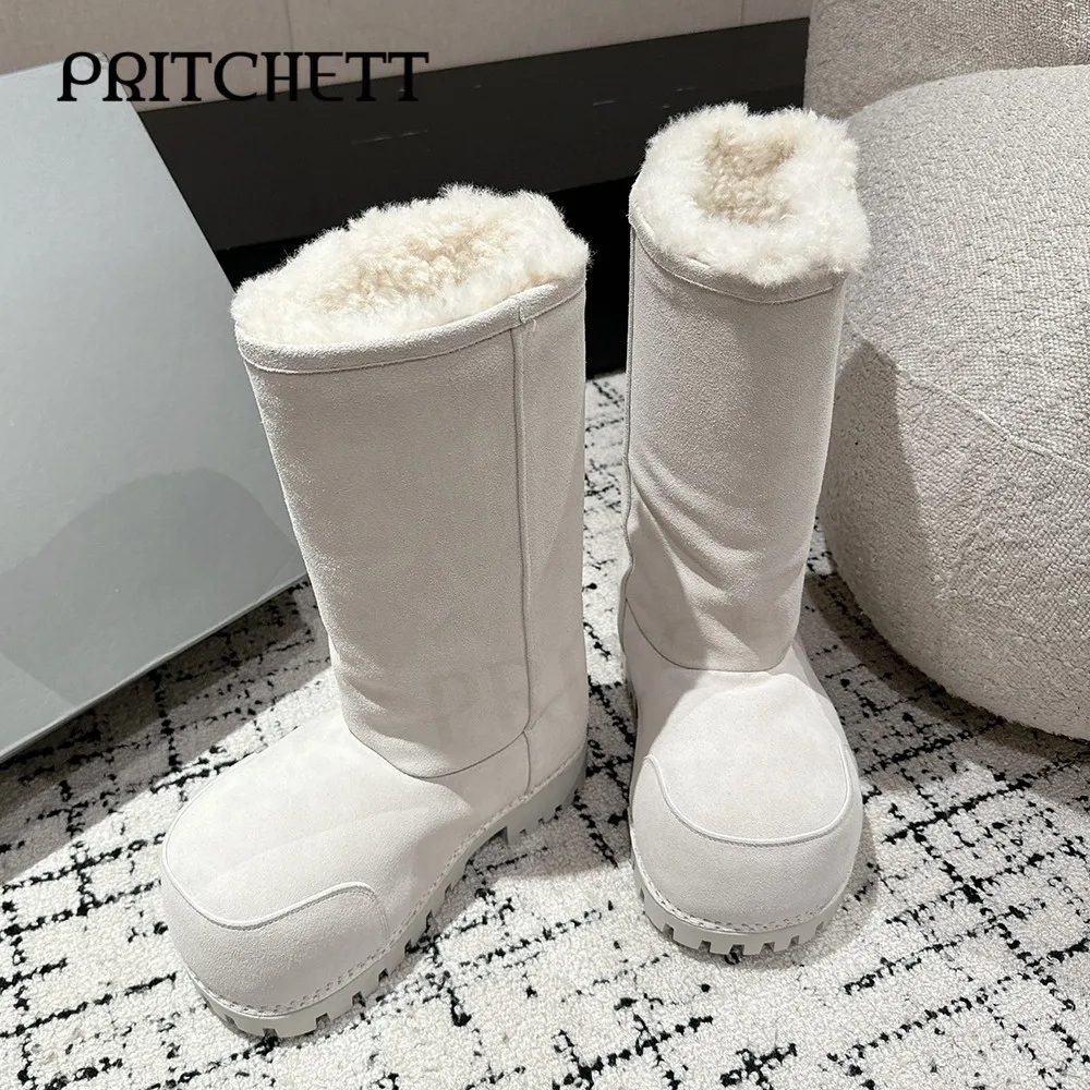 

Off-White Suede Warm Boots Big Head Knee-Length Casual Personality Plus Velvet Boots Thickened Fashion Catwalk Designer Boots