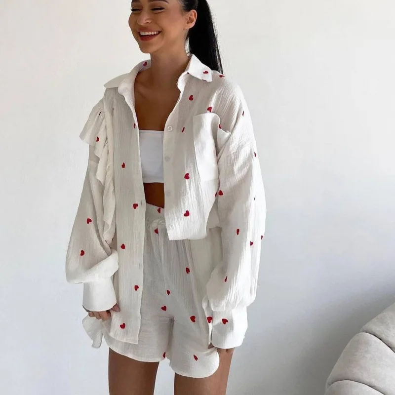 Summer Casual Home Wear Heart-shaped Printed Long-sleeved Tops Shorts Suit Women's Loose Lapel Shirt Women's Cotton Pajamas