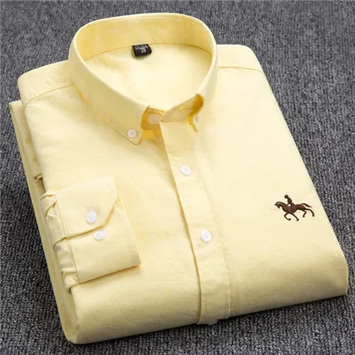 Chemises Oxford décontractées en pur coton pour hommes, manches longues, broderie cheval, coupe régulière, boutons à la mode, robe blanche