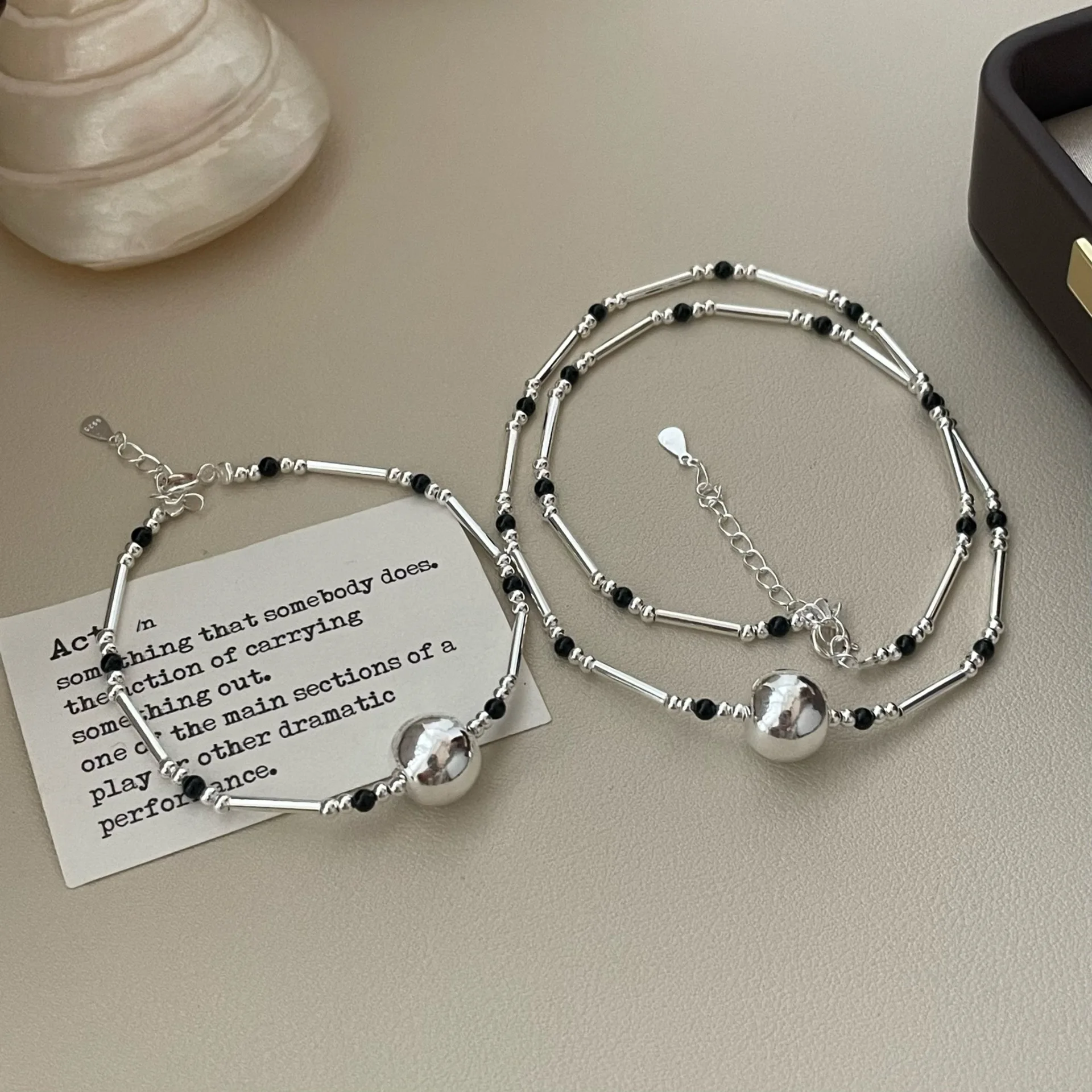 

Small niche design, fashionable S925 pure silver, black agate, bamboo jointed silver bead bracelet necklace