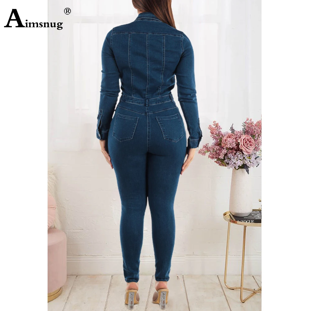 Women Long Sleeves Demin Jumpsuit Sexy Pencil Pants Blue Stretch Denim Bodysuit 2024 America Europe Fashion Silm Jean Overalls