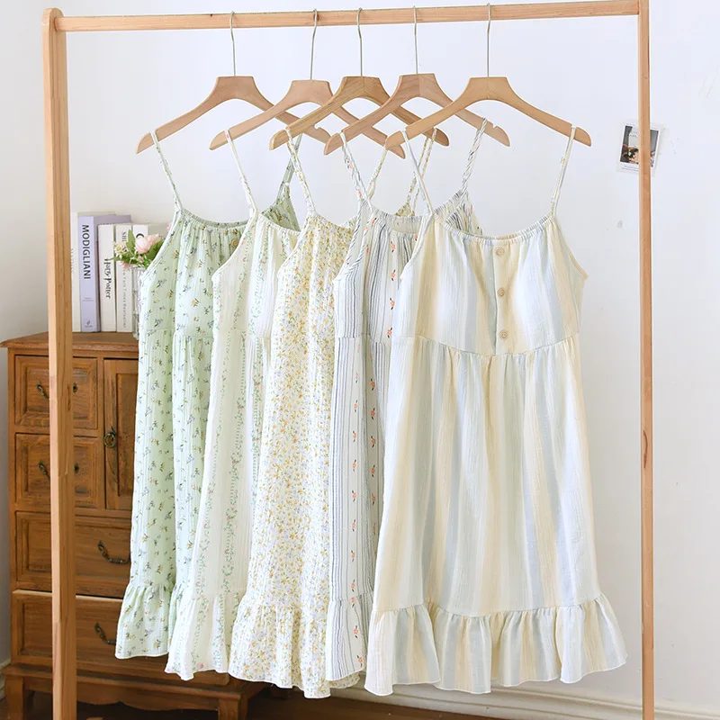 

Floral Night Dress For Woman Sexy Sleepwear Clothes For Sleep Summer Cotton One Piece Pajamas Room Wear Women's Nightgown