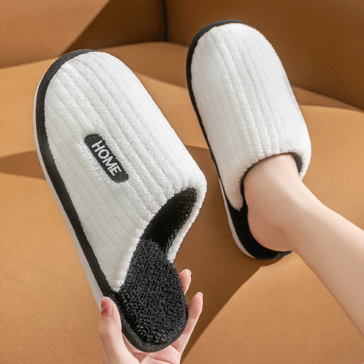 Couple Slippers Men Casual Flats Indoor Stripe Fluffy Anti-skid Flip Flops Soft Warm Plush Slipper Women's Winter House Shoe