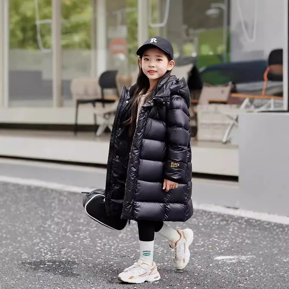 Winter 2024 Ins Children Girls Down Jacket Hooded Solid Fashionable Warm Teenager Girls Long Jacket 4-14 Years Girls Outerwears