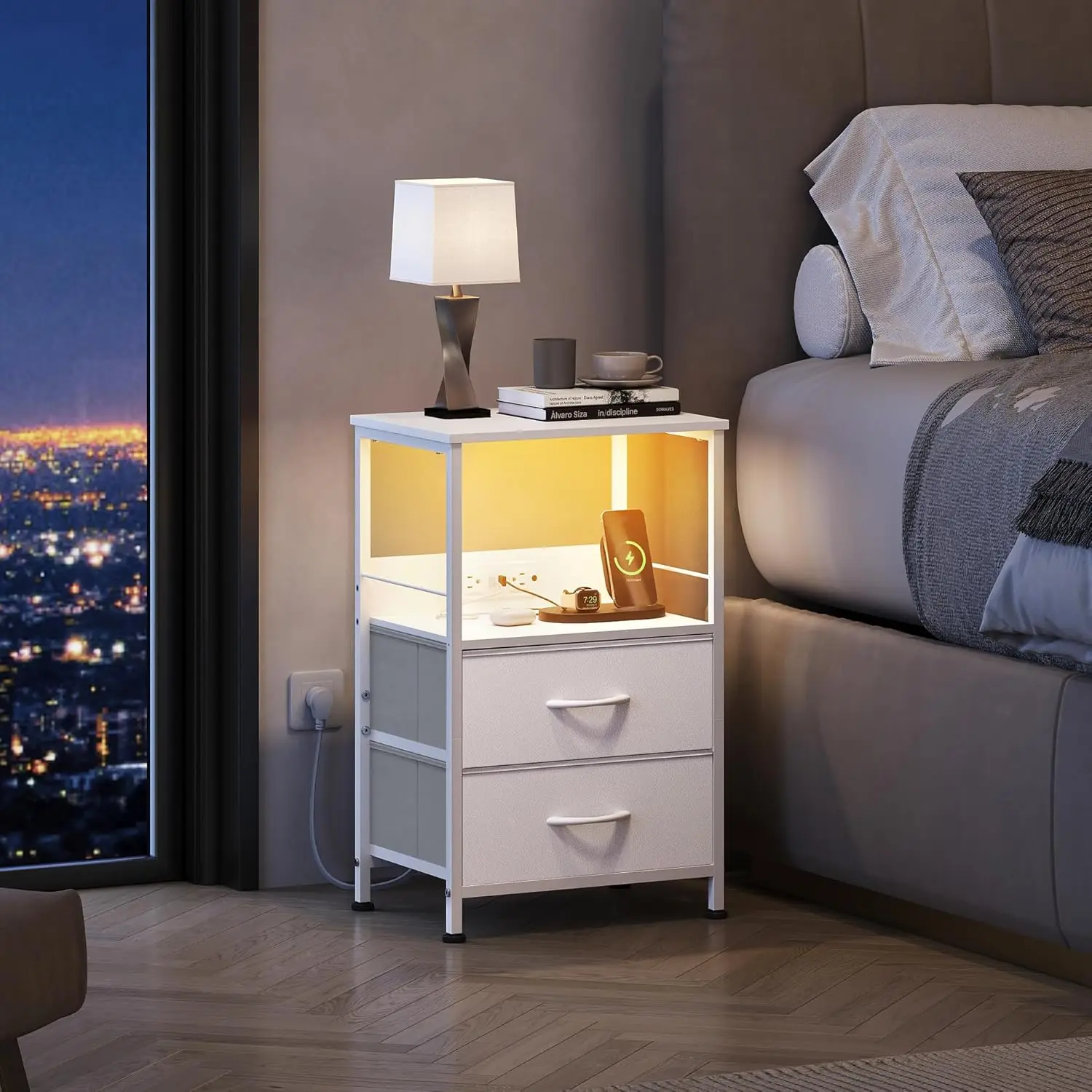 White Night Stand with Charger Station, LED Nightstand , Bedside Table with 3 USB Ports and 2 Outlets, Small Dresser for Bedroom