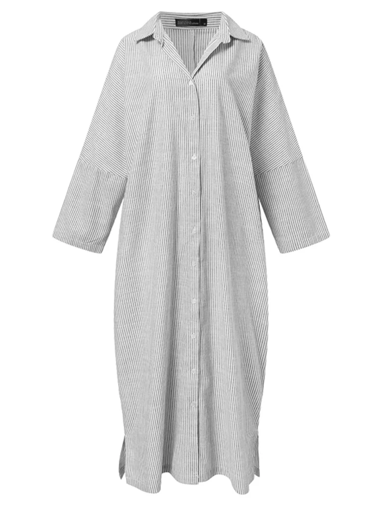 Moda Auutmn vestido camisero 2025 ZANZEA mujeres solapa cuello manga larga vestido veraniego a rayas Maxi bata Casual trabajo OL Vestidos de gran tamaño