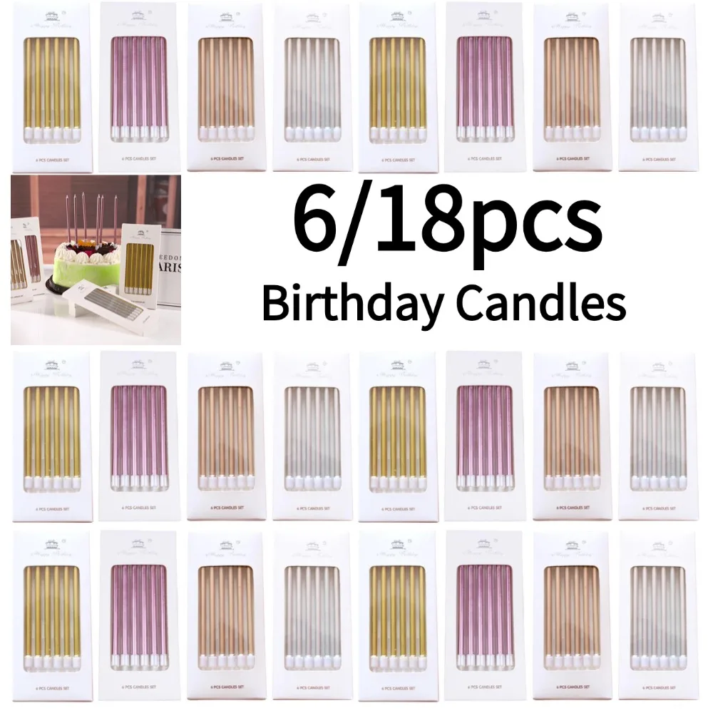 6/18 Uds. Velas de cumpleaños de Metal dorado y plateado DIY decoración de pasteles coloridos suministros de boda para Baby Shower Color pastel Topper 2025 nuevo