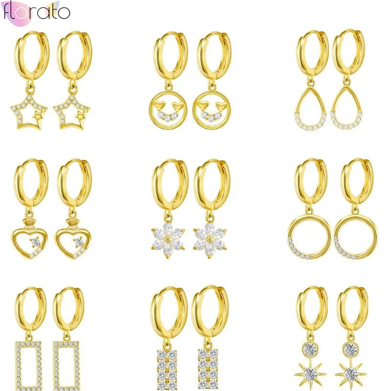 

925 Sterling Silver Needle INS Multi-Style Hollow out Crystal Hoop Earrings For Women Flower/Star/Heart Pendant Earrings Jewelry