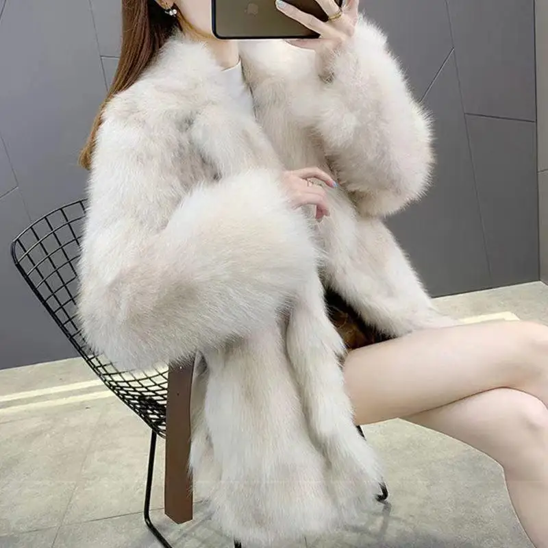 Pockets Women Imitation Mink Fur Mid-Long Thicken Jacket Slim Plush Coat High Quality Women Clothing New Fashion Autumn Winter