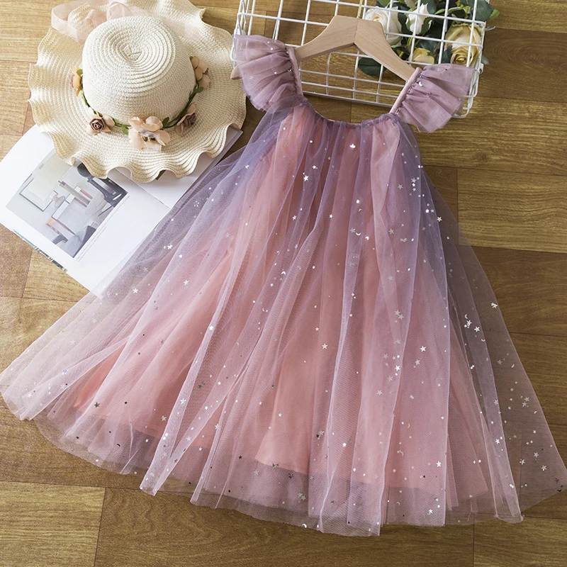 2024 New Summer Girl Suspender Princess Dress Ruffles Kids Sequin Tutu Birthday Party Vestidos for 3-8Y Elegant Girls Dresses