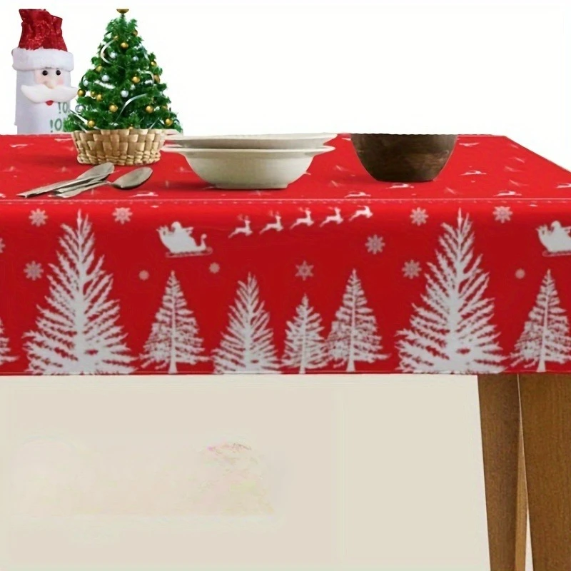 1pc, Christmas Rectangular Tablecloth, Red & White Christmas Tree Design, Waterproof Plastic Table Cover for Christmas Dining