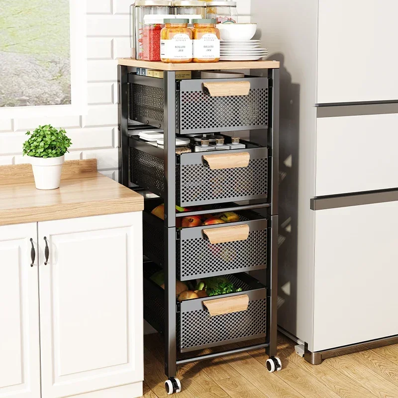 Fruits Vegetables Storage Cart Multifunctional Storage Cabinet Floor Narrow Seam Storage Baskets Pull-out Type Kitchen Furniture