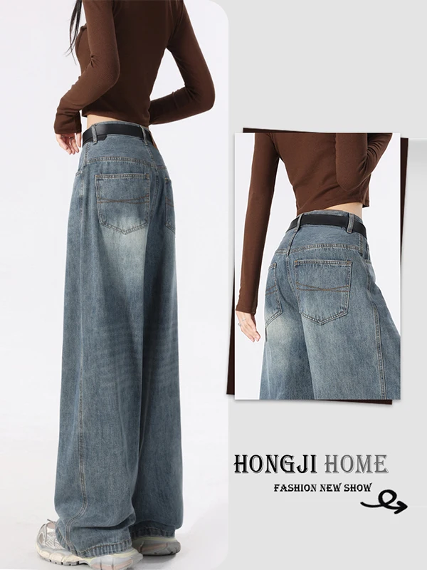 

High Waist Wide Leg Straight Cut Jeans Loose Feel Women's Autumn Loose Fit Floor Length Pants for plus Size Ladies