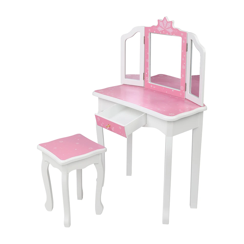 Children's Wooden Dressing Table Three-Sided Folding Mirror Dressing Table Chair Single Drawer Blue Snowflake Style