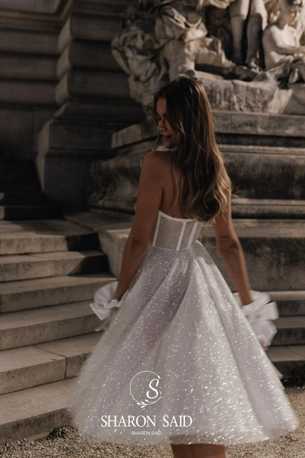 Sharon Said 2025 Glitter Tule Sweetheart Off White Trouwjurk Met Strik Details Handschoenen A-lijn Bruidsjurken SW113 Aangepaste