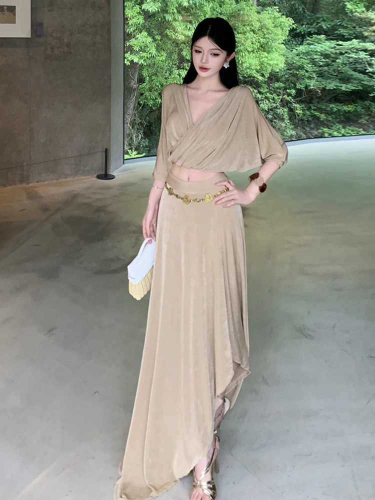 

Sexy V-neck Cross Slimming Short Top High Waist Split Half-length Skirt Set Women's Fashion Summer Outfit Large Swing Skirt