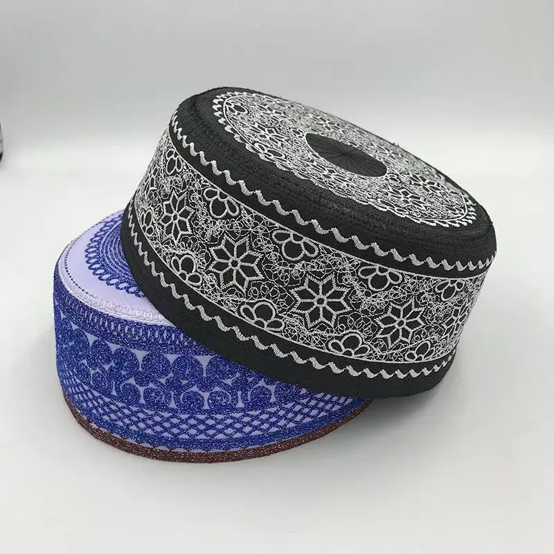 หมวกมุสลิมสำหรับผู้ชายเสื้อผ้าส่งฟรี Peci kufi อุปกรณ์เสริมอิสลามฮิญาบซาอุดิอาระเบียผ้าโพกหัวชาวยิวปัก