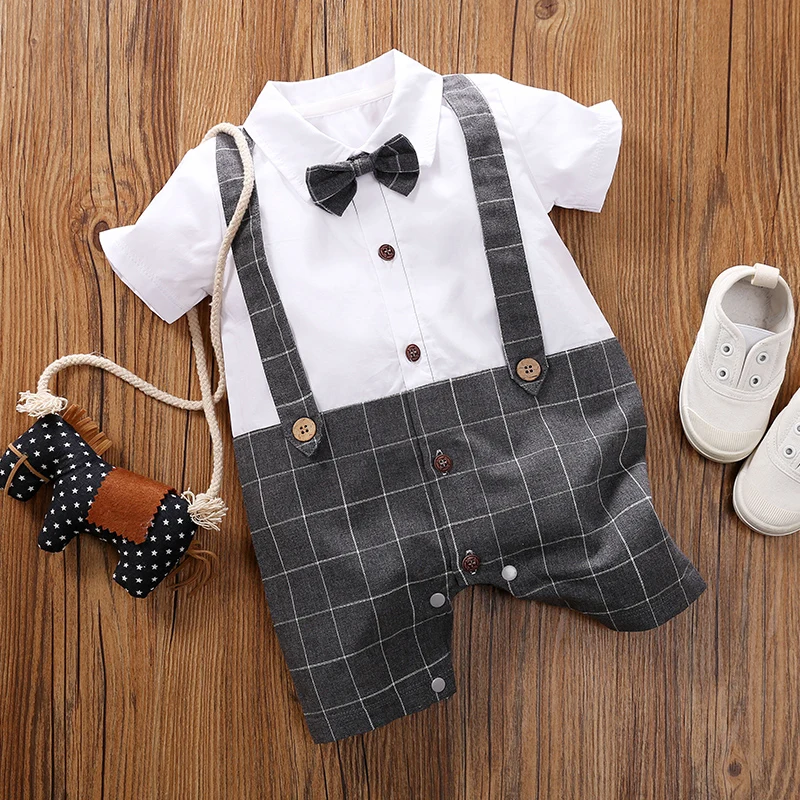 Newborn Clothes Plaid Gentleman Art Comfortable And Soft Summer Boys And Girls Short Sleeved Baby Jumpsuit