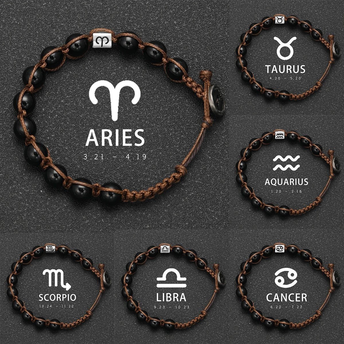

12 Zodiac Natural Stone Obsidian Hand-Woven Bracelets Cancer Pisces Men's Bracelets Couples Friendship Jewelry pulseras hombre
