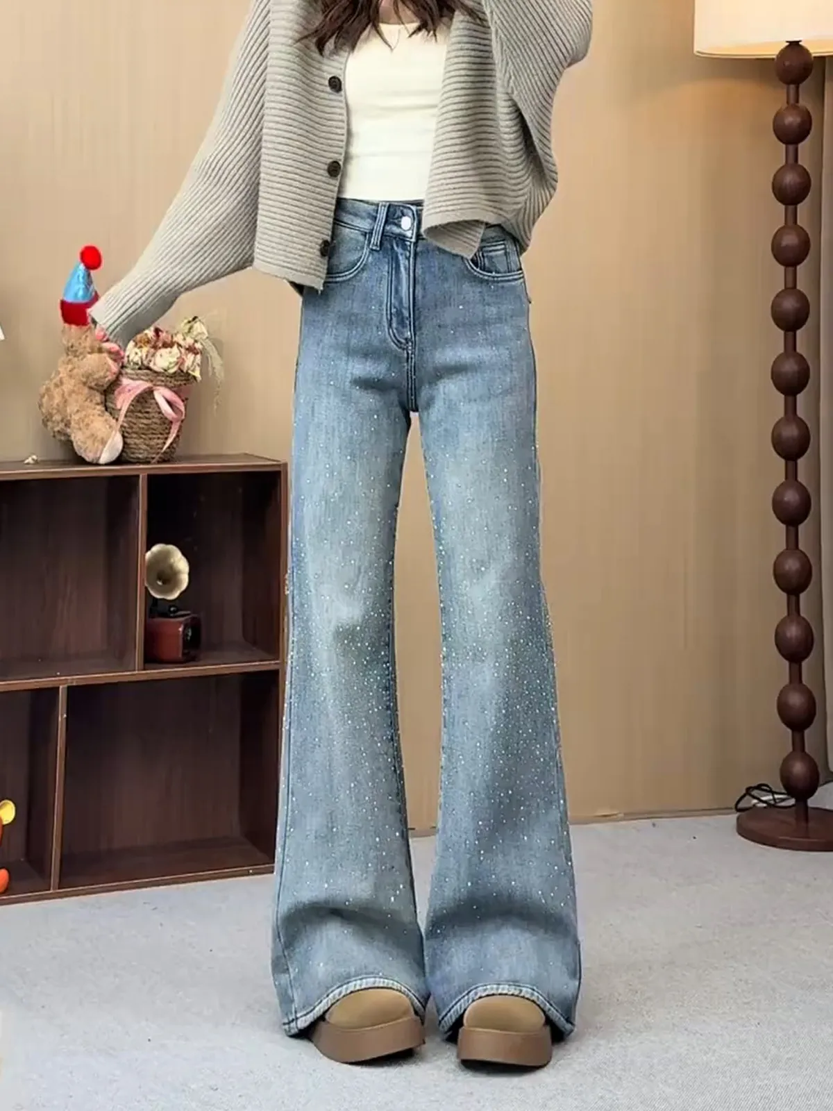 

Korean Hot Stamping Women's Jeans 2026 Spring New Casual High Waisted Flared Trousers Female Commuting Blue Denim Pants