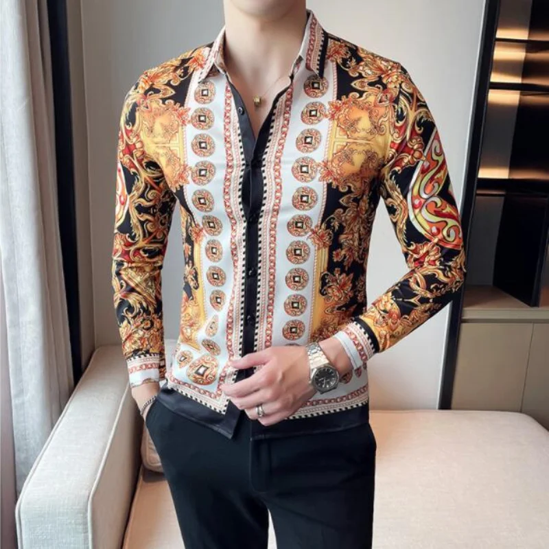 2022 Fall Men\'s Retro Printed Long Sleeve Shirt New Fashion Slim Fit Shirt Casual Club Shirt Men Camicia Uomo/ mens shirt