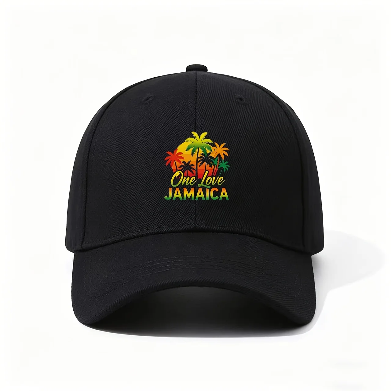 Baseball Cap, Featuring the One Love Jamaica Print with Colorful Palm Trees and a Sunset, Vibrant Rasta-inspired Design, Soft Fa