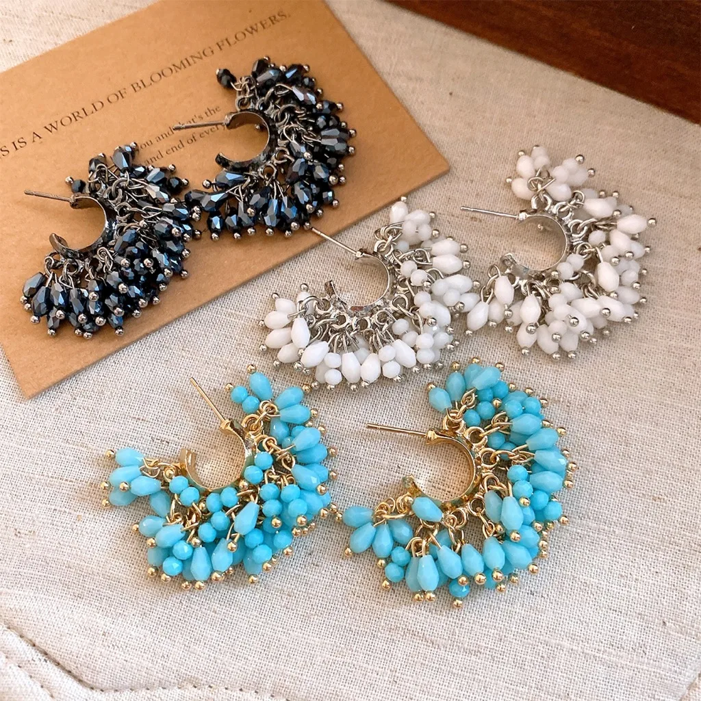 Bohemian Beaded Tassel Hoop Earrings Hand‑strung Multi‑Color Bead Cluster Dangle Earrings Women Exaggerated Fringe Jewelry