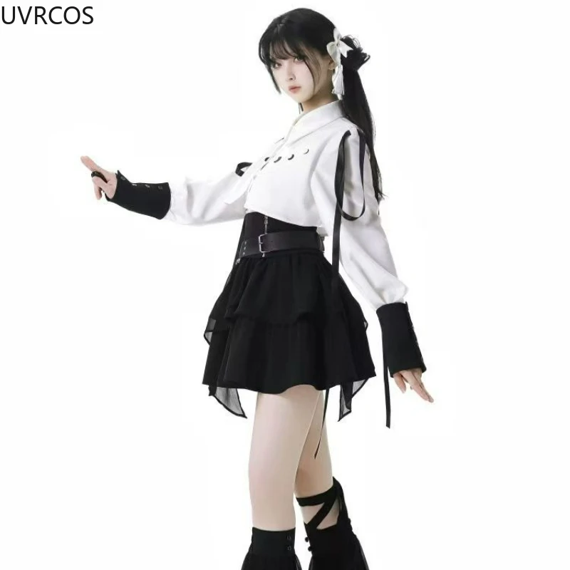 Y2k Aesthetic Lolita Style 2 Piece Sets Women Vintage Gothic Shirts Slim Mini Pleated Skirts Female Japanese Fashion Skirt Suit image 3