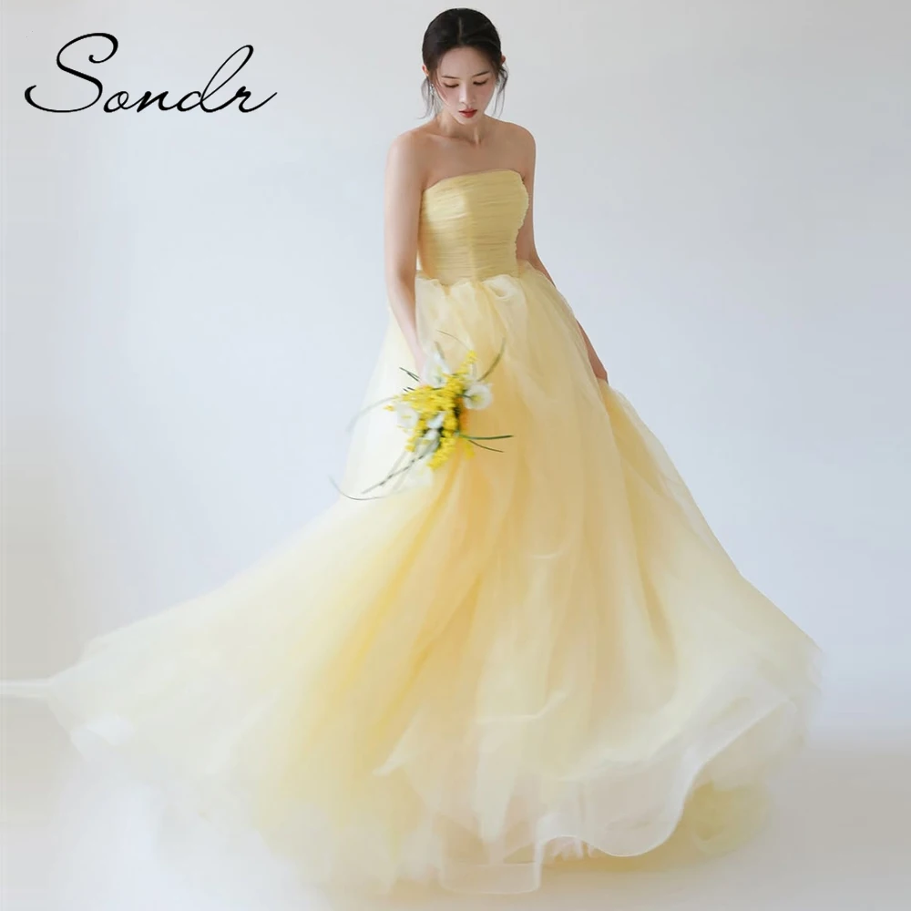 Sondr 2025 New Korean Wedding Dresses Light Yellow Soft Tulle Bridal Wedding Snap Dresses Customized Luxury Women Party Dresses