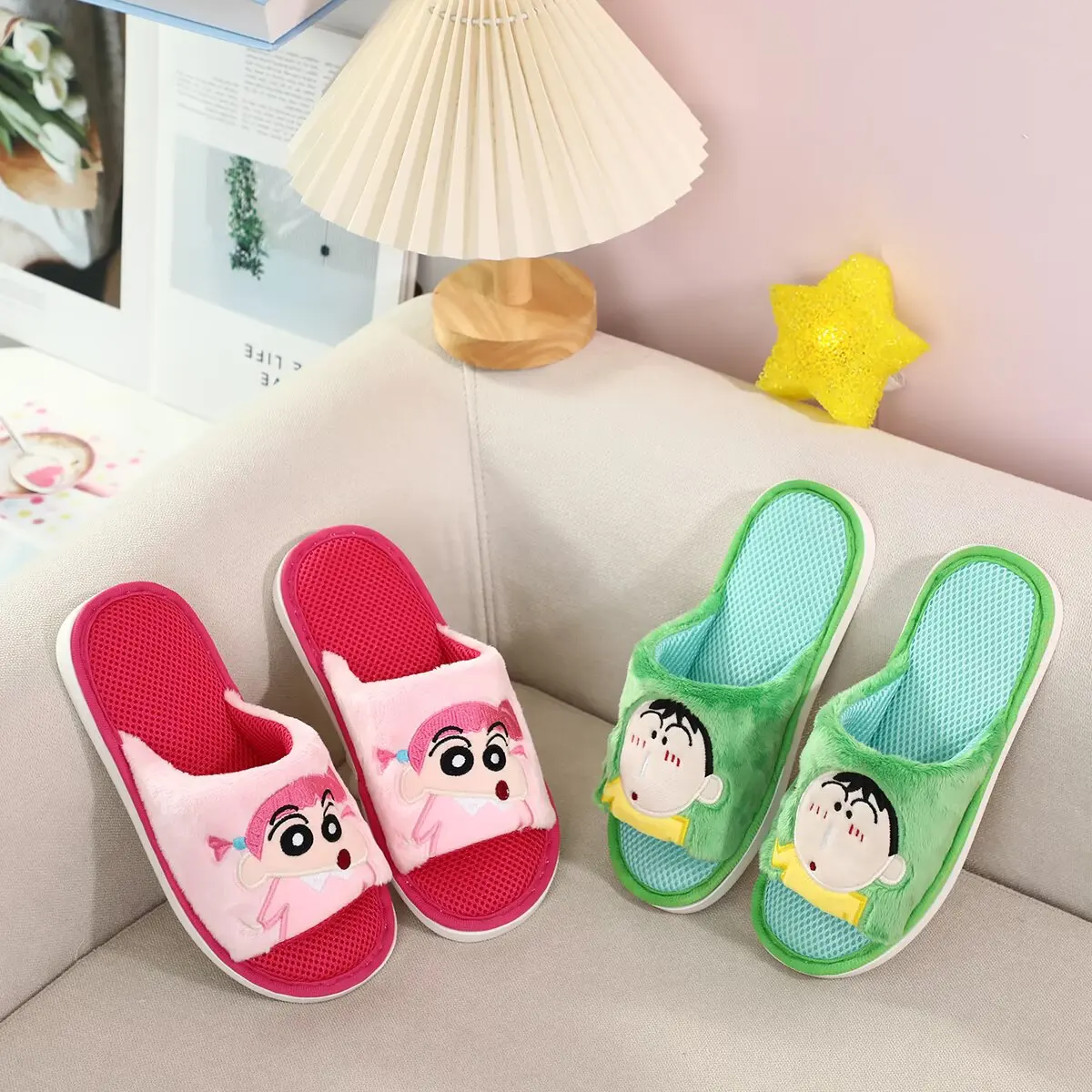 Crayon Shin-chan Open-Toe Slippers Women Cartoon Mesh Breathable Slippers Cozy Plush House Shoes Female Bedroom Cute Flat Slides