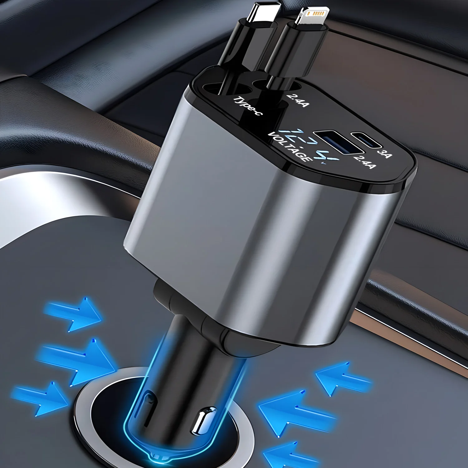 

240W Watt Car Charger 4in1 Retractable Car Cigarette Lighter USB Type C Fast Charger