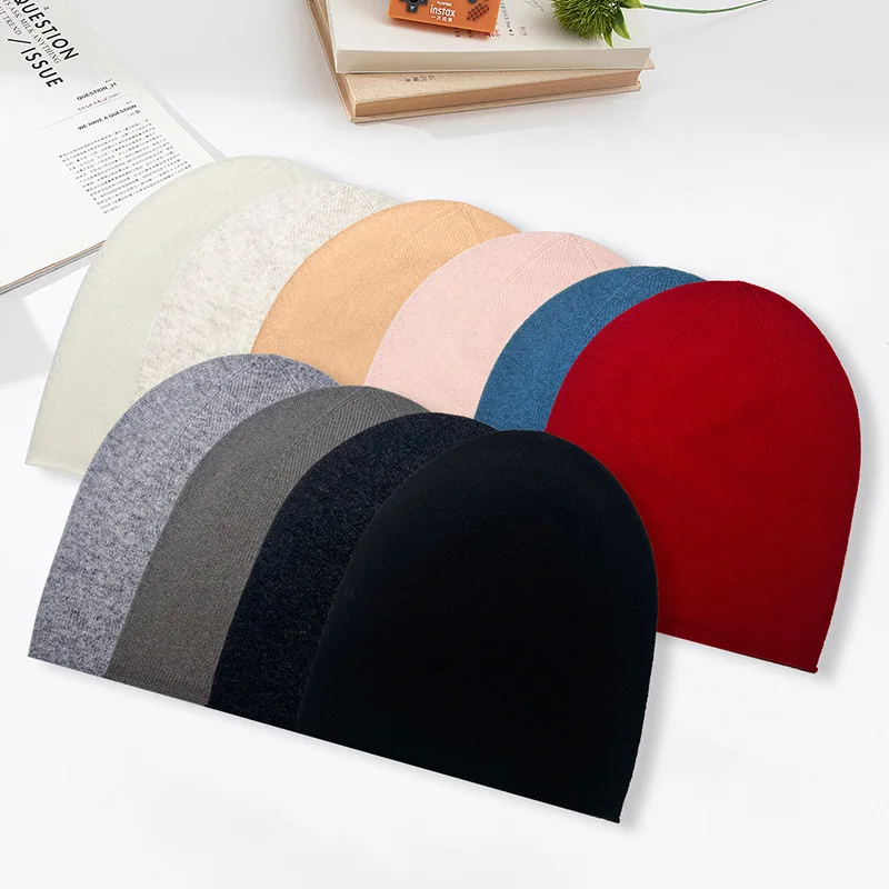 100% Wool Solid Color Knitted Pullover Cap For Both Men&Women Seamless Integrated Dome Stacking Cap With Rolled Edges For Winter