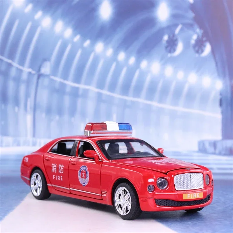 1:32 Bentley Mulsanne police car Fire truck Diecast Metal Alloy Model car Sound Light Pull Back Collection Kids Toy Gifts A116