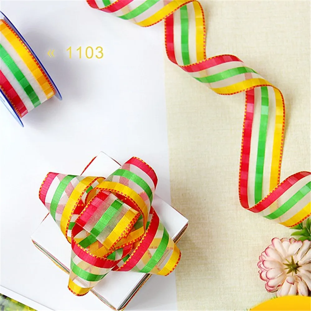 38MM 25yards Rainbow Organza Ribbon Wired Edge  for Birthday Decoration Chirstmas Gift DIY Wrapping 1-1/2