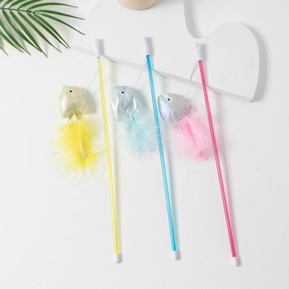 

Teasing Cat Stick Three Color Feather Bell Fish Plastic Rod Interactive Self Hi Plastic Cat Toy