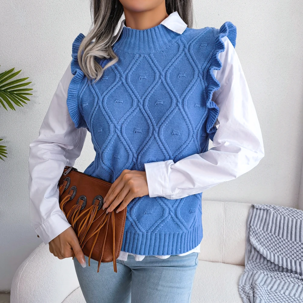 Women Casual Ruffles Sleeveless Pullovers Knitted Sweater Vest Autumn Winter 2023