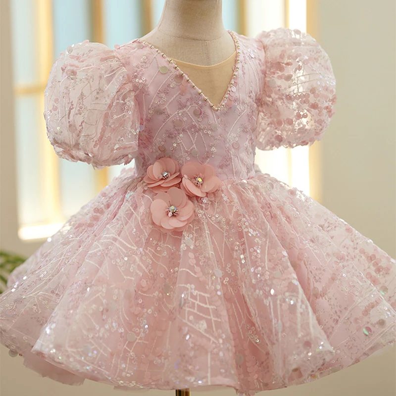 Girls Beauty Pageant Pink Evening Dress for Wedding Luxury Ball Gown Child Elegant Birthday Party Formal Occasion Dresses Sequin